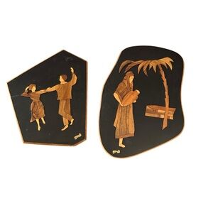 Vintage Israeli Wooden Folk Art Wall Decor Set - Black and Brown